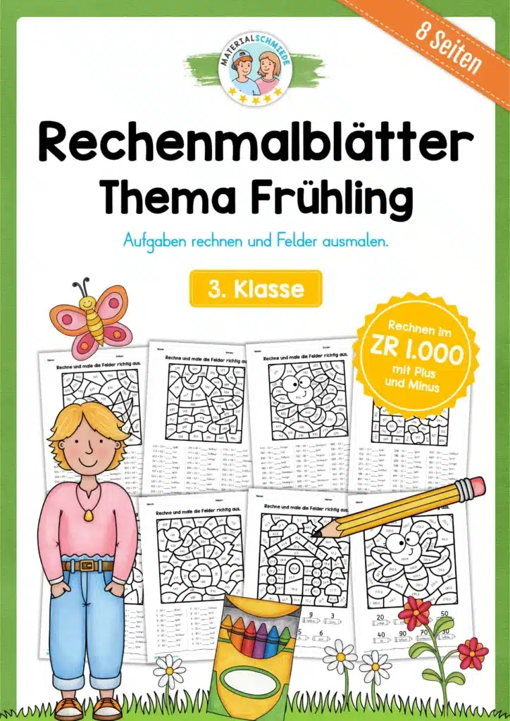 8 Rechenmalblätter Frühling: Zahlenraum 1.000 (3. Klasse)