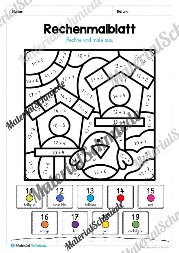 8 Rechenmalblätter zum Frühling im Zahlenraum bis 20 (Vorschau 02)
