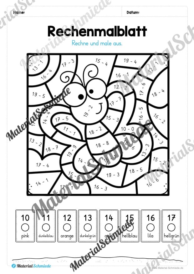 8 Rechenmalblätter zum Frühling im Zahlenraum bis 20 (Vorschau 07)