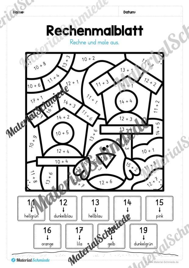 8 Rechenmalblätter zum Frühling im Zahlenraum bis 20 (Vorschau 11)