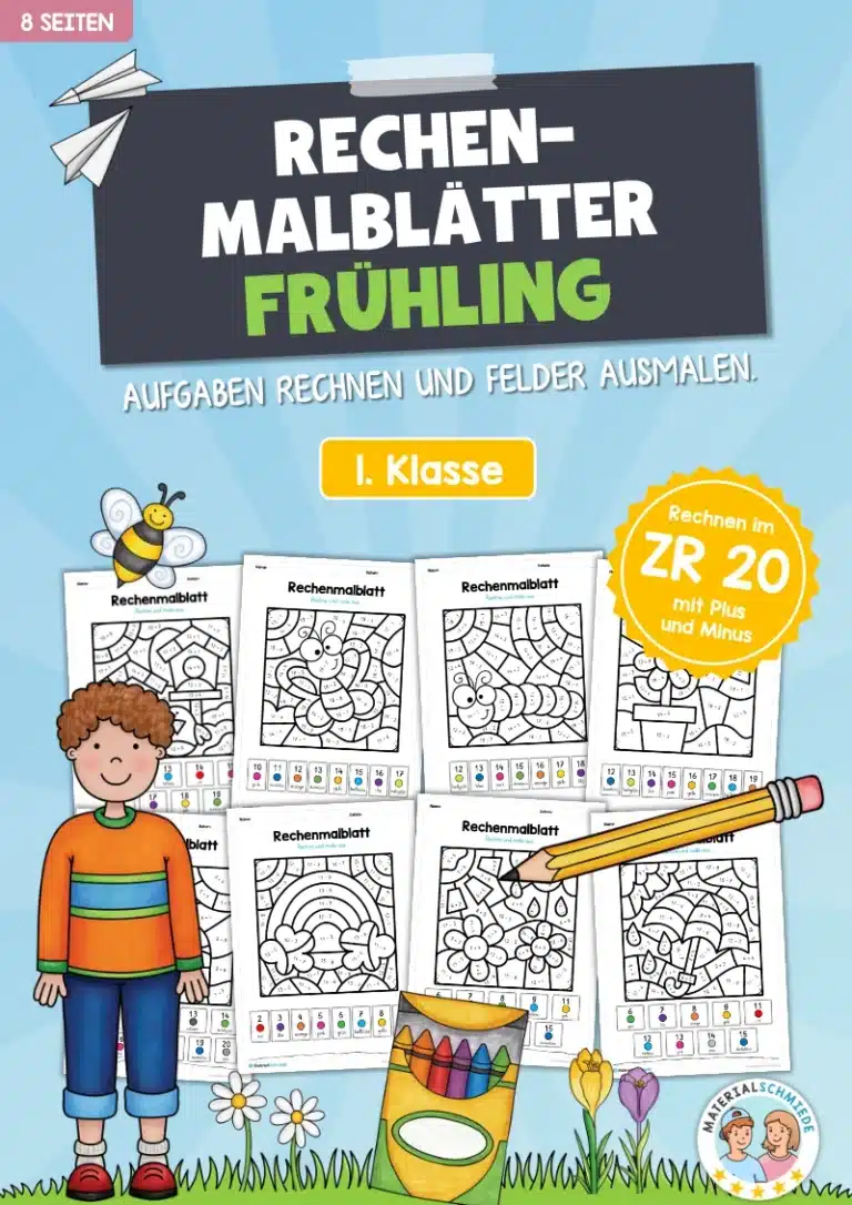 8 Rechenmalblätter Frühling: Zahlenraum 20