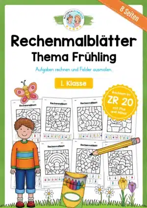 8 Rechenmalblätter Frühling: Zahlenraum 20 (1. Klasse)