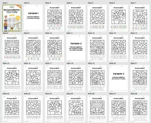 8 Rechenmalblätter Frühling: Zahlenraum 20 (1. Klasse) - Überblick