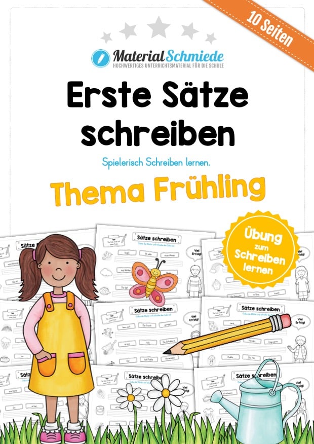 Erste Sätze schreiben: Schüttelsätze Frühling (10 Arbeitsblätter)