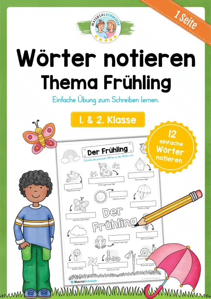 12 einfache Wörter zum Frühling notieren (Übung für 1. & 2. Klasse)