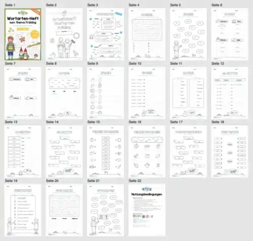 Arbeitsheft Wortarten - Thema Frühling (20 Arbeitsblätter) - Überblick
