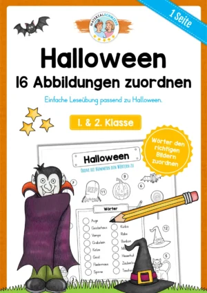 16 Abbildungen zu Halloween zuordnen (1. & 2. Klasse)