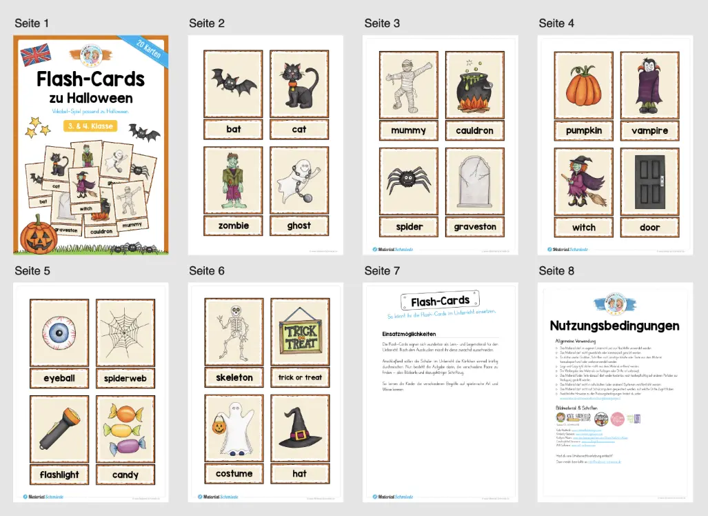 20 Flash-Cards zu Halloween (Englisch) - Überblick
