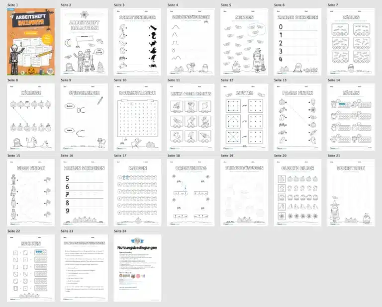 Arbeitsheft Halloween: Vorschule (20 Arbeitsblätter) – Überblick