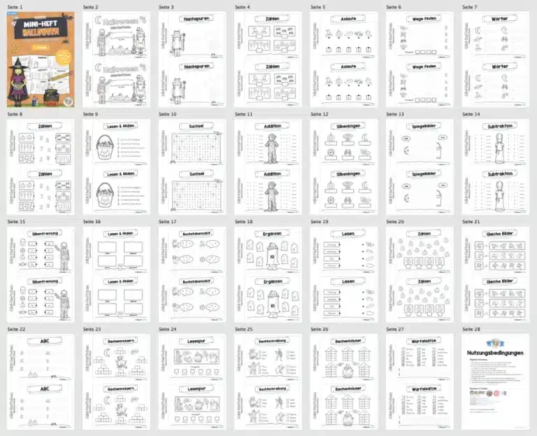 Mini-Heft: Halloween – 1. Klasse (25 Arbeitsblätter) – Überblick