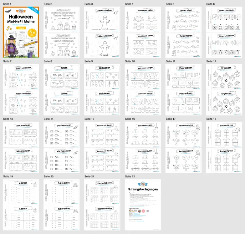 Mini-Heft: Mathe zu Halloween (Zahlenraum 10) 1. Klasse (Überblick)