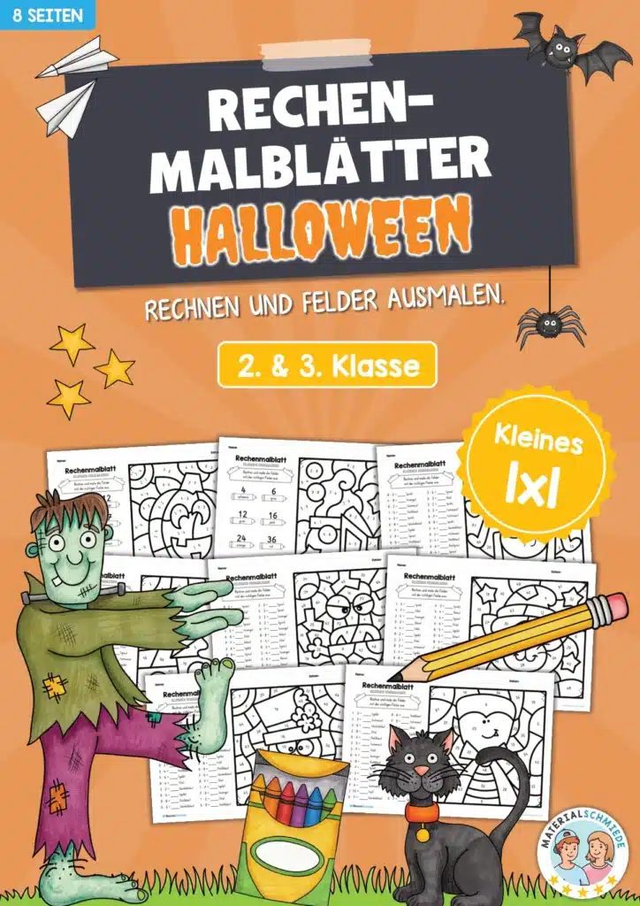 8 Rechenmalblätter Halloween: Kleines 1x1