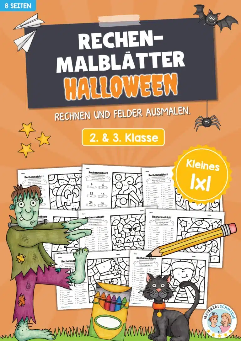 8 Rechenmalblätter Halloween: Kleines 1×1