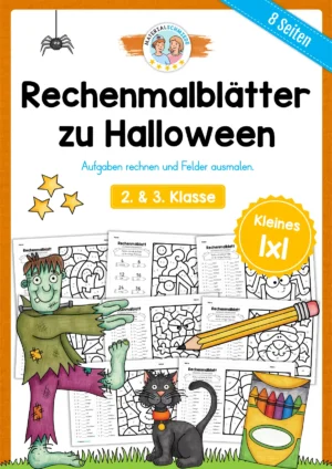 8 Rechenmalblätter Halloween: Kleines 1x1 (2. & 3. Klasse)