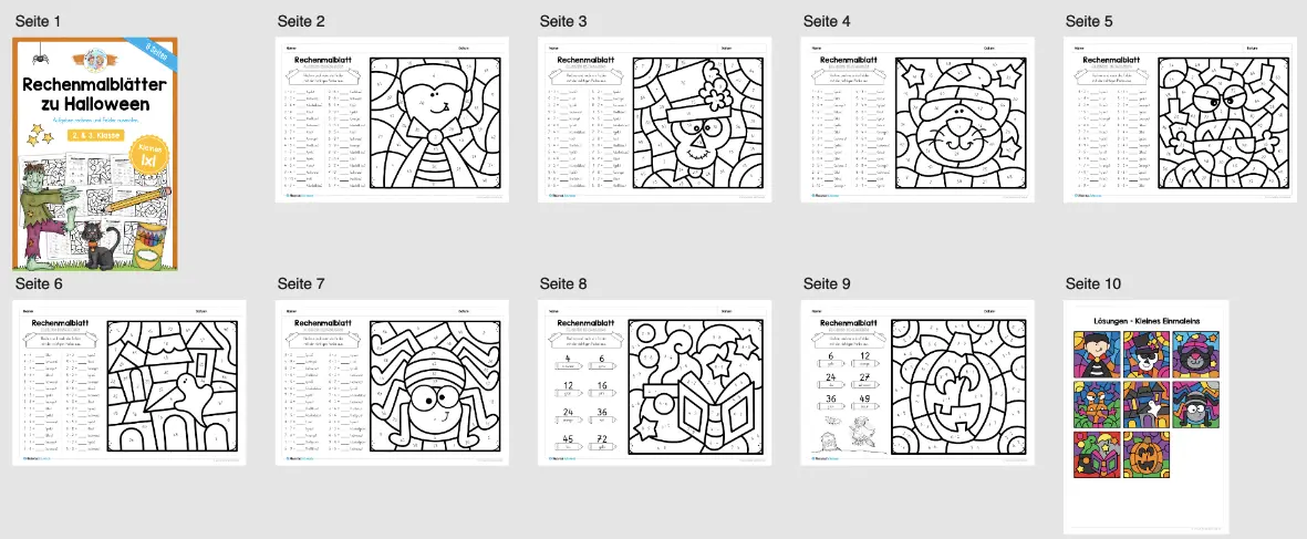 8 Rechenmalblätter Halloween: Kleines 1x1 (2. & 3. Klasse) - Überblick