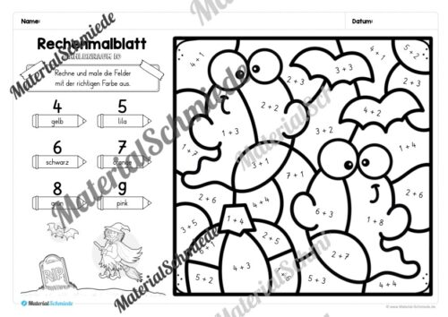 8 Rechenmalblätter zu Halloween im Zahlenraum 10 (Vorschau 01)