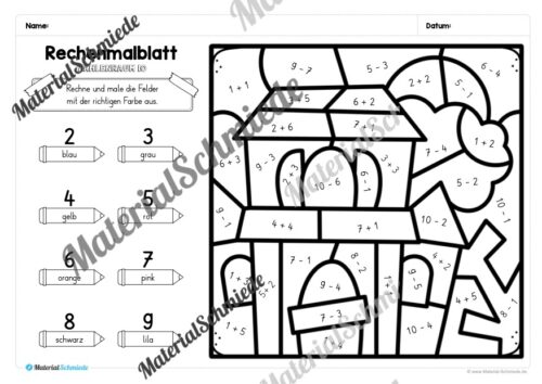 8 Rechenmalblätter zu Halloween im Zahlenraum 10 (Vorschau 05)