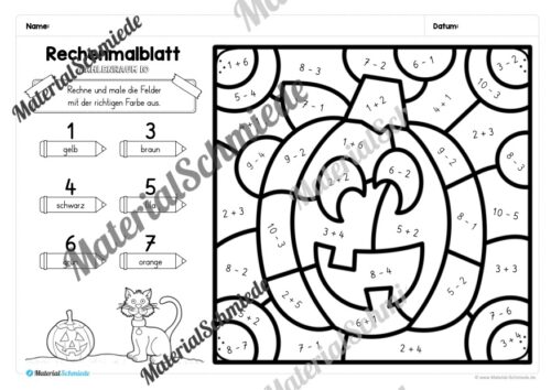 8 Rechenmalblätter zu Halloween im Zahlenraum 10 (Vorschau 06)