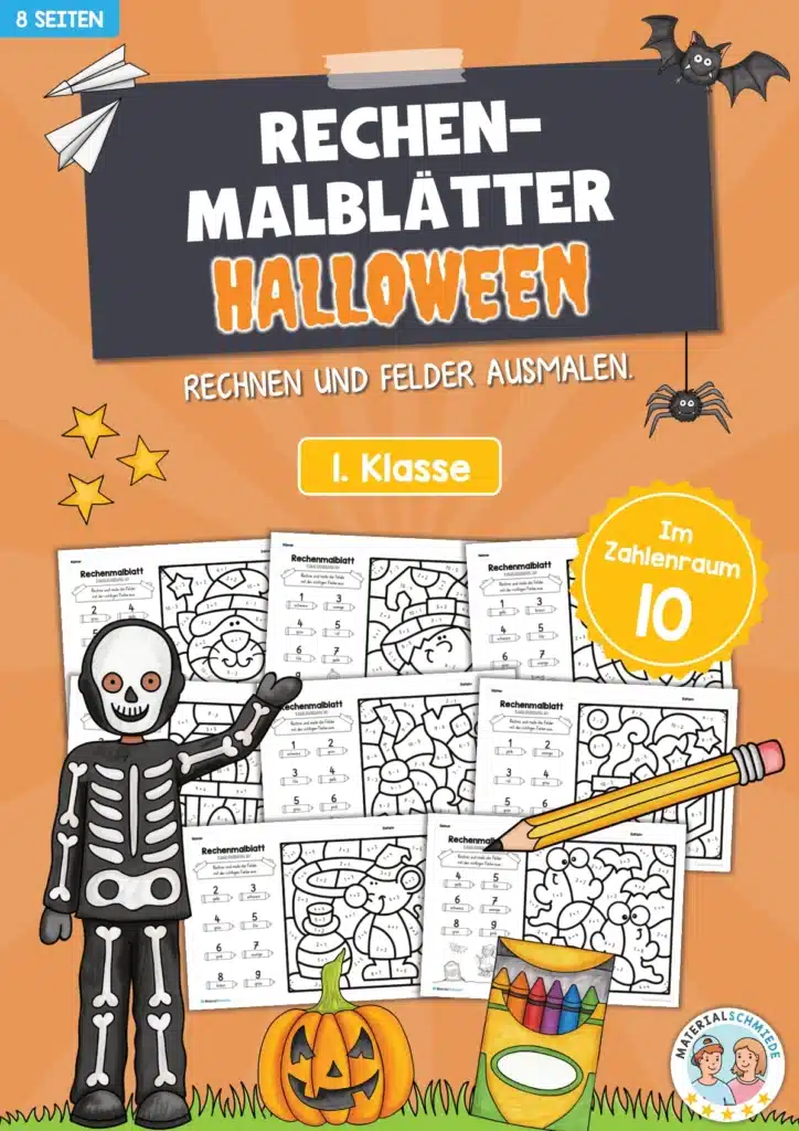 8 Rechenmalblätter Halloween: Zahlenraum 10