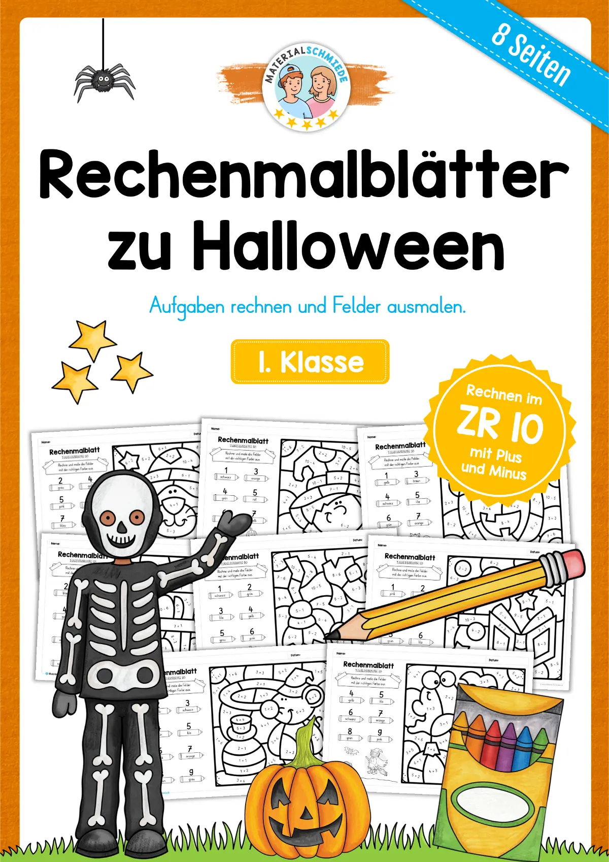 8 Rechenmalblätter Halloween: Zahlenraum 10 (1. Klasse)