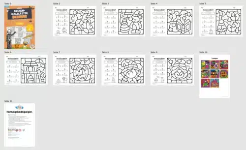 8 Rechenmalblätter Halloween: Zahlenraum 10 (Überblick)