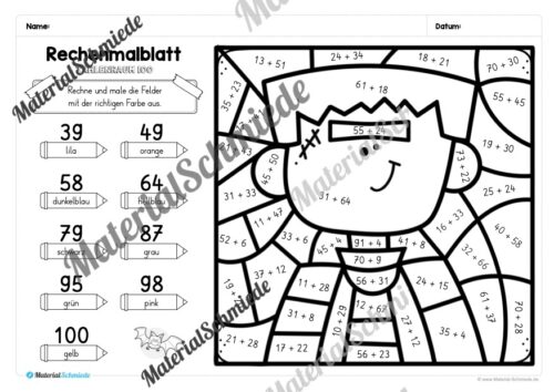 6 Rechenmalblätter Halloween: Zahlenraum 100 (Arbeitsblatt 02)