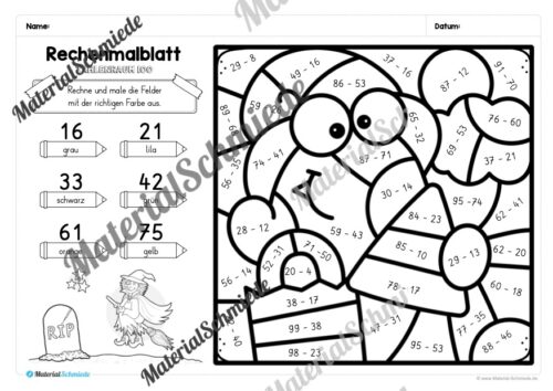 6 Rechenmalblätter Halloween: Zahlenraum 100 (Arbeitsblatt 01)