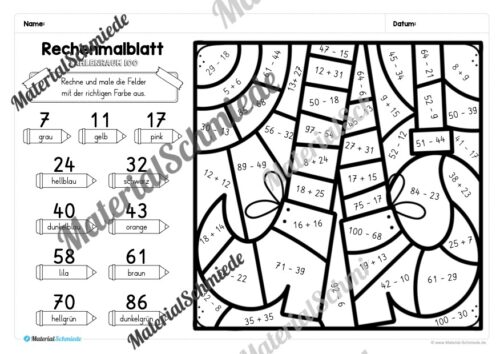 6 Rechenmalblätter Halloween: Zahlenraum 100 (Arbeitsblatt 03)