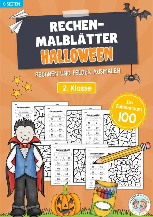 6 Rechenmalblätter Halloween: Zahlenraum 100