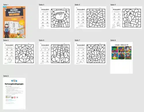 6 Rechenmalblätter Halloween: Zahlenraum 100 (Überblick)
