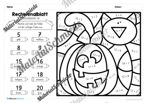 8 Rechenmalblätter zu Halloween im Zahlenraum 20 (Vorschau 01)
