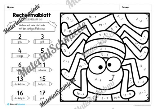 8 Rechenmalblätter zu Halloween im Zahlenraum 20 (Vorschau 03)