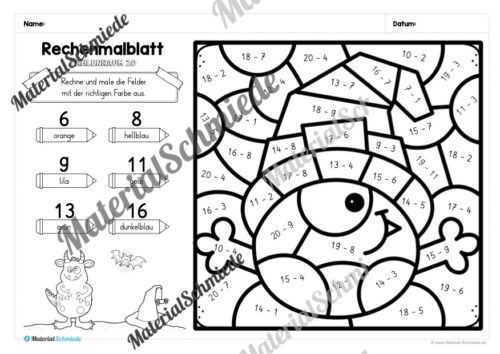 8 Rechenmalblätter zu Halloween im Zahlenraum 20 (Vorschau 04)