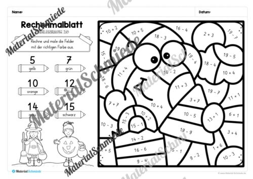 8 Rechenmalblätter zu Halloween im Zahlenraum 20 (Vorschau 05)