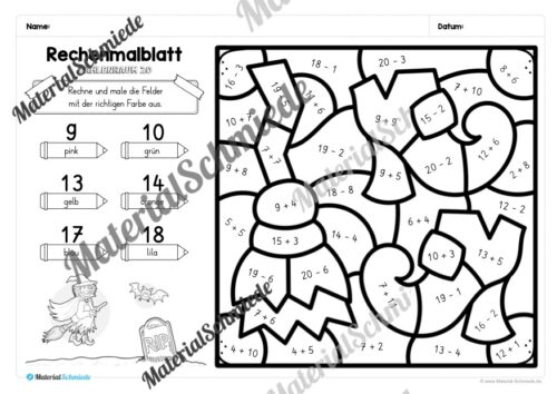 8 Rechenmalblätter zu Halloween im Zahlenraum 20 (Vorschau 06)