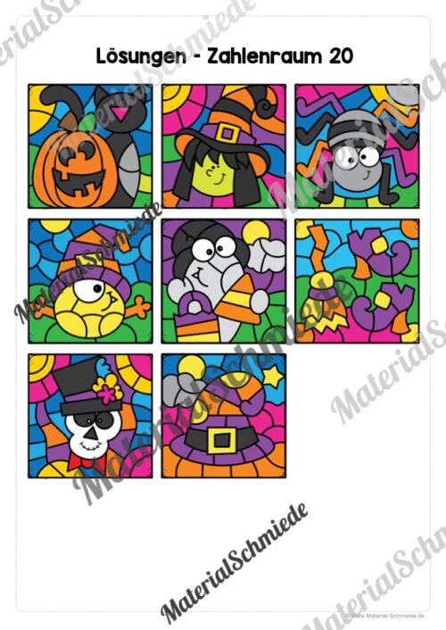 8 Rechenmalblätter zu Halloween im Zahlenraum 20 (Vorschau 09)