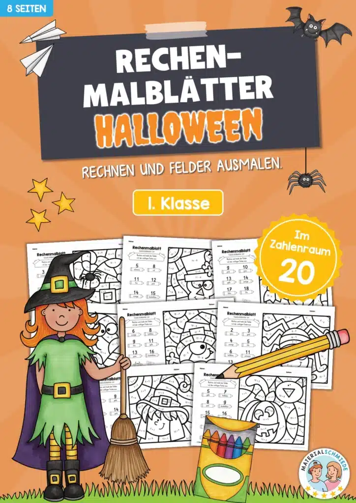 8 Rechenmalblätter Halloween: Zahlenraum 20