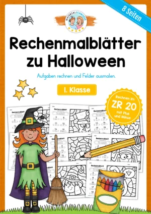 8 Rechenmalblätter Halloween: Zahlenraum 20 (2. Klasse)