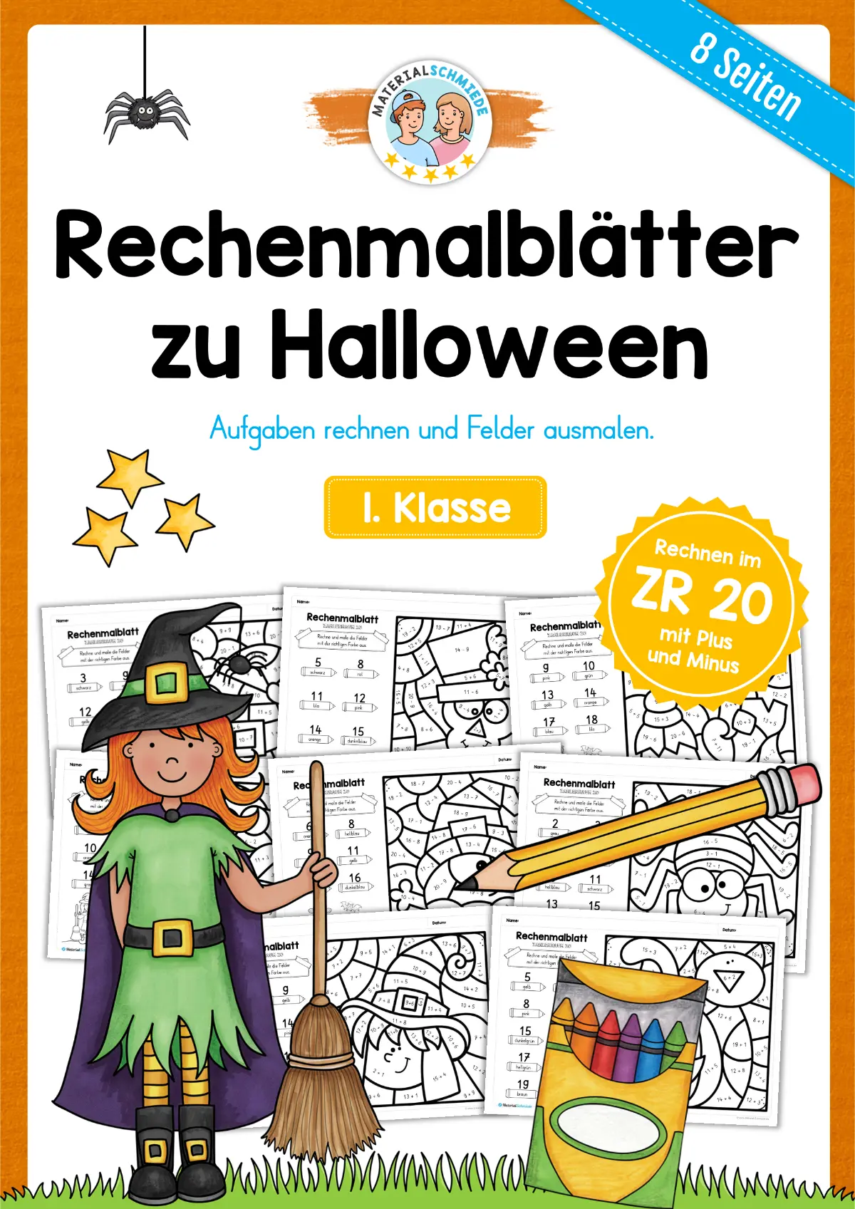 8 Rechenmalblätter Halloween: Zahlenraum 20 (2. Klasse)