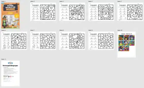 8 Rechenmalblätter Halloween: Zahlenraum 20 (Überblick)