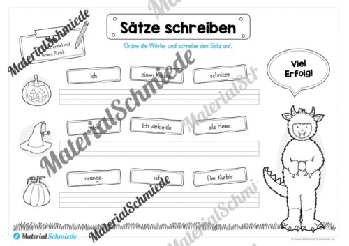 Erste Sätze schreiben: Schüttelsätze Halloween (Arbeitsblatt 01)