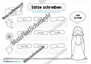 Erste Sätze schreiben: Schüttelsätze Halloween (Arbeitsblatt 02)