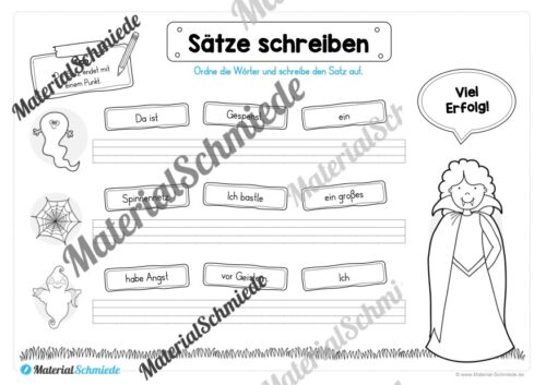 Erste Sätze schreiben: Schüttelsätze Halloween (Arbeitsblatt 02)