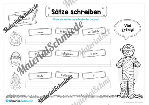 Erste Sätze schreiben: Schüttelsätze Halloween (Arbeitsblatt 03)