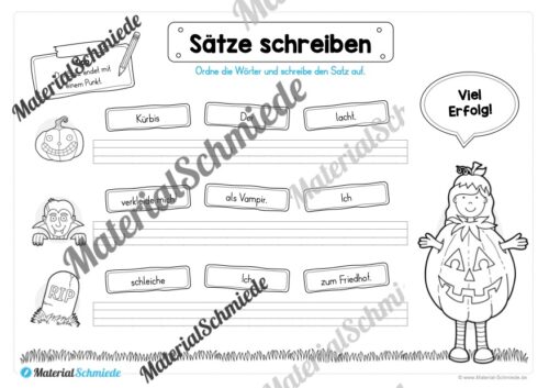 Erste Sätze schreiben: Schüttelsätze Halloween (Arbeitsblatt 04)
