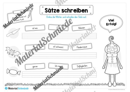 Erste Sätze schreiben: Schüttelsätze Halloween (Arbeitsblatt 05)