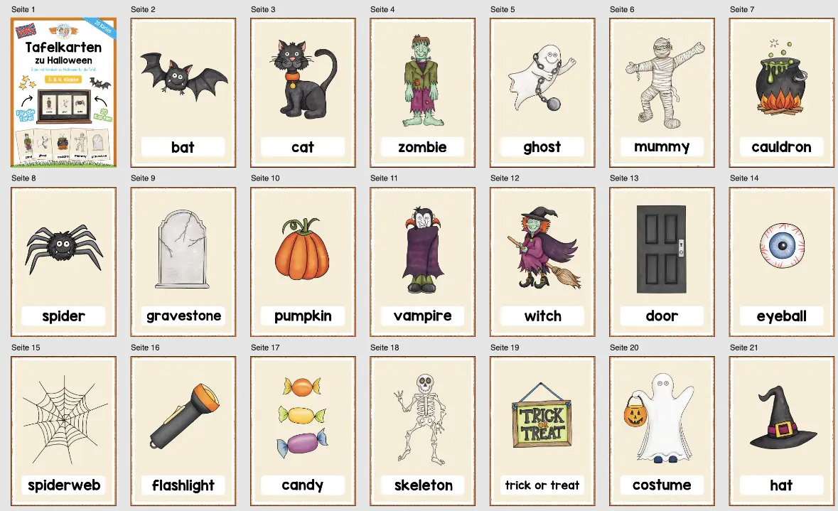 20 Tafelkarten zu Halloween (auf Englisch) - Überblick