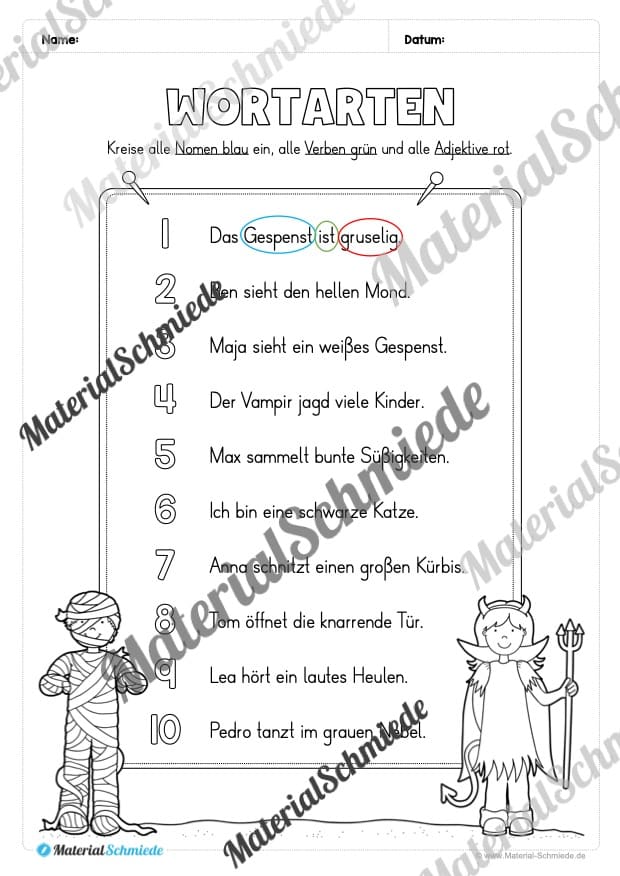 Arbeitsheft Wortarten – Thema Halloween (Arbeitsblatt 15)