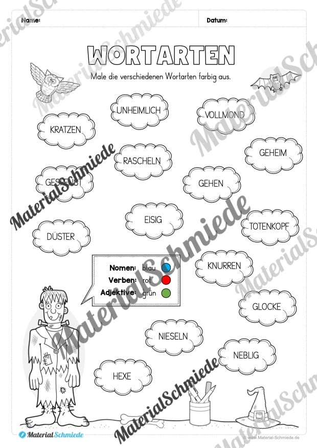 Arbeitsheft Wortarten – Thema Halloween (Arbeitsblatt 17)