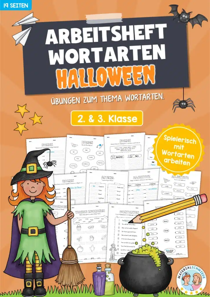 Arbeitsheft Wortarten - Thema Halloween (19 Arbeitsblätter)
